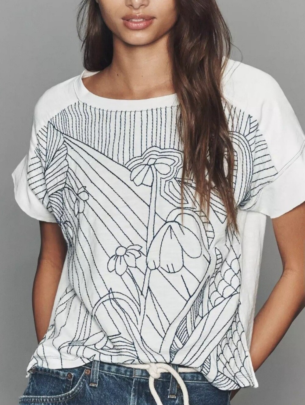 Anthropologie Short-Sleeve Stitched Tee with Navy Floral Embroidery, NwT